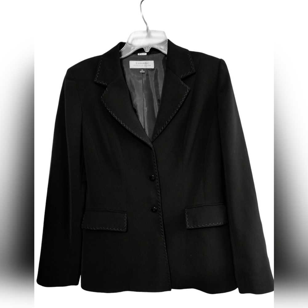 2971)Tahari ASL Black Button Front Stitching Long Sleeve PocketsCareer Blazer 12